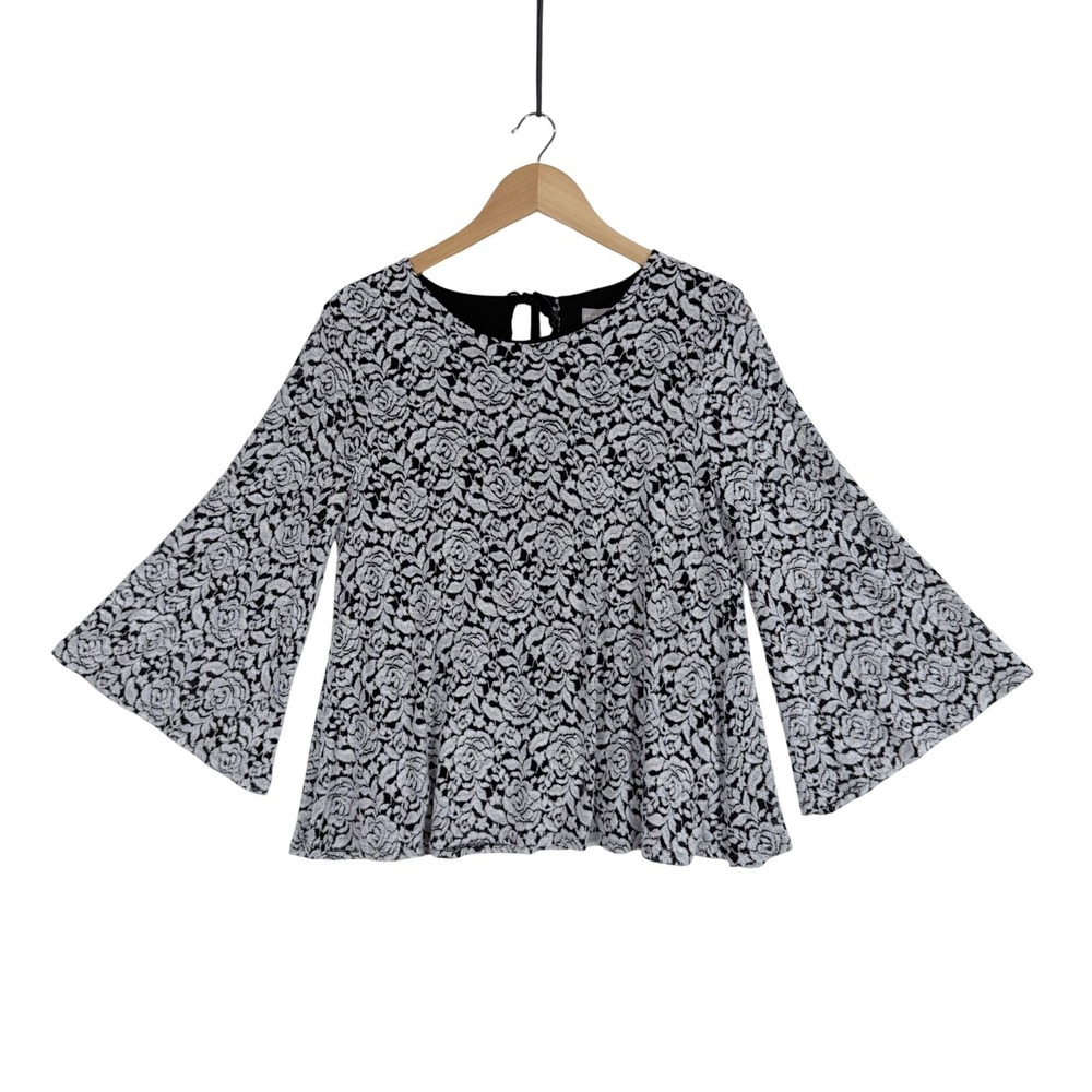 Chico's Blouse Women Size 1P MP Black White Floral Lace Bell Sleeve Velvet Tie